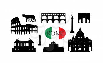 Rome travel landmark set. Italian famous places silhouette icons. Architecture, building, arch, monument, brindge, sculpture main sightseeing tourist signs over white background