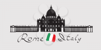 Rome travel landark San Peter Cathedral. Italian famous place San Pietro square silhouette icon with handwritten Lettering Rome Italy and italian flag.