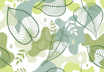 Seamless pattern with organic shape blots in memphis style. Stylish floral painted wallpaper with leaves Summer nature tile background