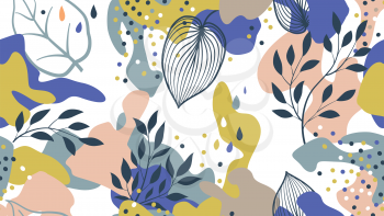 Abstract organic blots and leaves seamless pattern in trendy style. Stylish background with dots and flowing floral shapes.