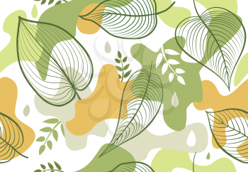 Seamleaa pattern with organic shape blots in memphis style. Stylish floral painted wallpaper with leaves/ Summer nature tile background
