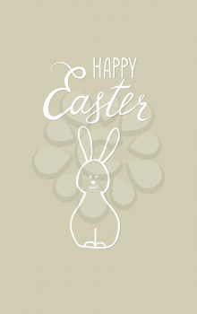 Happy Easter greeting card. Spring holiday bakground with rabbit bunny and handwritten lettering HAPPY EASTER over line drawn Easter icons eggs and flowers floral festive background.