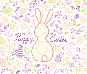 Happy Easter greeting card. Spring holiday bakground with rabbit bunny and handwritten lettering HAPPY EASTER over line drawn Easter icons eggs and flowers floral festive background.