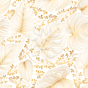 Floral pattern with leaves and flowers in elegant retro chinese style. Abstract seamless festive floral line background. Flourish ornamental golden garden with flourish nature oriental motive