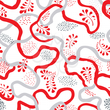 Floral dotted seamless pattern with leaves. Ornamental drawn background. Abstract backdrop with chaotic flowing wriggling lines, dots and leaves