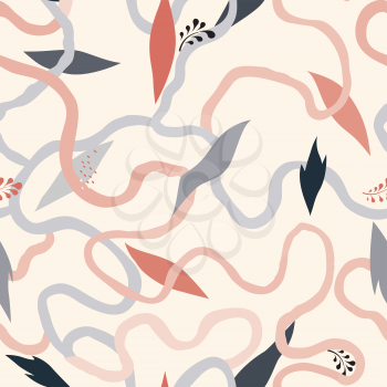 Abstract seamless floral pattern with swirl flowing lines and leaves. Ornamental flourish drawn texture. Abstract backdrop with chaotic flowing wriggling lines. Artistic tiled background.