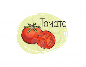 Red tomato icon. Full and sliced tomato isolated on white background with lettering Tomato. Vegetable stylish drawn symbol tomato