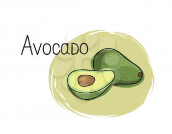 Avocado icon. Half and full fruit avocado isolated on white background with lettering Avocado. Vegetable stylish drawn symbol avocado