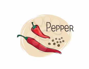 Pepper icon. Half and full spice pepper isolated on white background with lettering Chily Pepper Vegetable stylish drawn symbol pepper