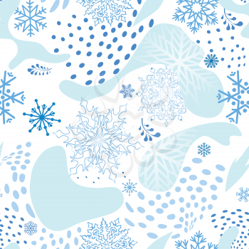 Snow seamless pattern. Abstract floral winter pattern with dots and snowflakes. Ornamental flourish seasonal drawn texture. Winter holiday backdrop. Artistic stylish backgroun. Christmas collection.