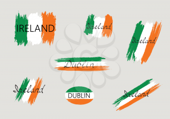 Irish flag set with handwritten lettering Ireland and Dublin. Brush stroked national country design element set. Capital city Dublin sign