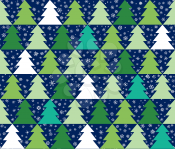 Winter snow seamless pattern. Christmas Icon Seamless Geometric Pattern with New Year Tree. Christmas holiday snowflakes and fir tree festive decorative background. Seasonal drawn texture. Winter holiday backdrop.