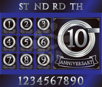 Anniversary silver ring logo with numbers. Set of anniversary cards with ribbon on blue background. Vector illustration.