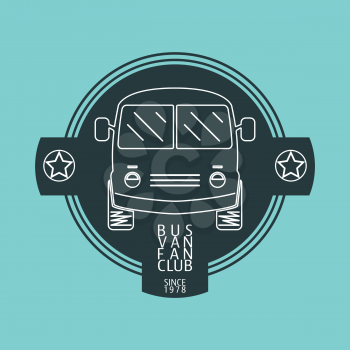 Bus van fan club logo template. Vintage bus for insignias, labels, emblems, badges, design elements. Line designed bus, minibus, van, minivan, wagon front view Vector illustration