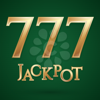 Casino jackpot symbol. Gold text jackpot number 777. Casino games icon. Poker club casino symbol. Internet casino games. Green background with shadow. Casino logo isolated. Vector illustration.