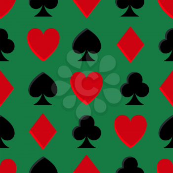Casino poker seamless pattern on green background. Poker club casino symbol. Playing cards elements. Casino games.  Vector illustration.