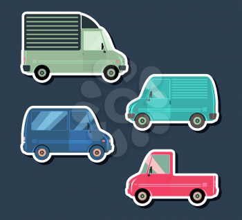 Set various city urban traffic vehicles icons. Delivery van, passenger bus, pickup car. Side view. Vector illustration.