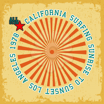 T-shirt print design. Vintage california surfing poster. Printing and badge applique label t-shirts. Vector illustration.