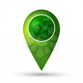 Clover on globe with location mark. St. Patrick day icon for posters, greeting cards, brochures. Vector illustration.
