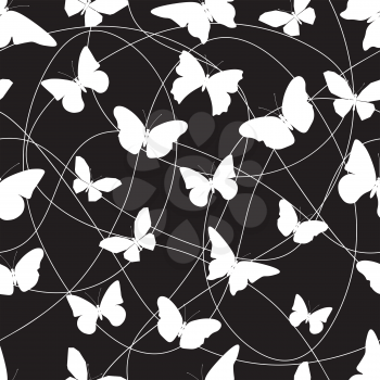 Seamless pattern of butterflies. Black and white vector illustration.