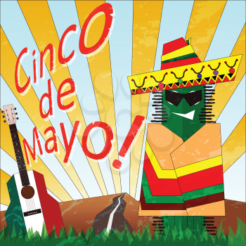 Poster with cartoon cactus in a poncho. Cinco de Mayo.