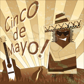 Poster with cartoon cactus in a poncho. Cinco de Mayo. Sepia.