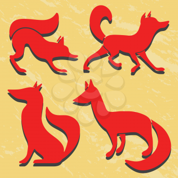 Set of red fox silhouettes. Grunge background. 