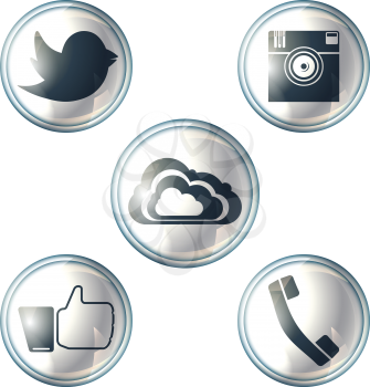 Abstract Image of digital camera, hand symbol, messenger bird, telephone and cloud symbols.