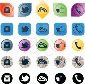 Set of Social Network Icons in different styles. Digital camera, hand symbol, messenger bird, telephone and cloud symbols.