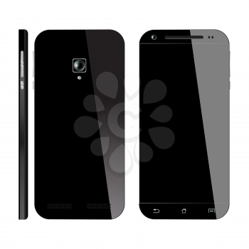 Realistic black Smartphone with blank screen, isolated on white background. Front, Back and Side view. Mockup design. Vector illustration.