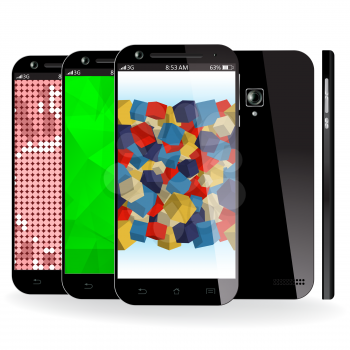 Realistic smartphone front, side and back view. Vector illustration on white background.