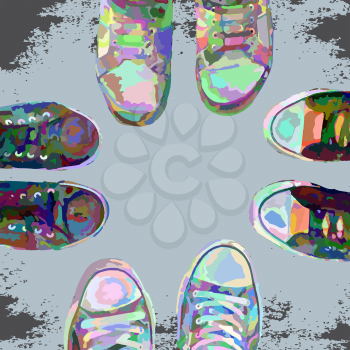 Abstract cartoon sneakers on grunge background. Top view. Vector design.