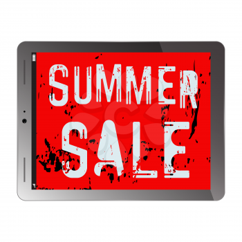 Tablet PC Computer with Summer Sale Screen Saver. Realistic Modern Isolated Mobile Pad. Digital Vector Design.