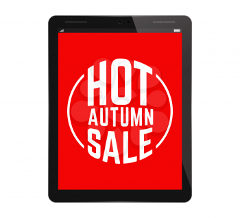 Tablet PC Computer with Autumn Sale Screen Saver. Realistic Modern Isolated Mobile Pad. Digital Vector Design.
