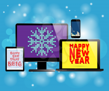 Monitor computer laptop smartphone tablet with various screen savers. New Year theme. Background with abstract snowflakes. Realistic vector design.