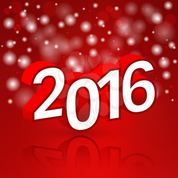2016 Year 3d text. Red background with abstract snowflakes. Vector illustration.