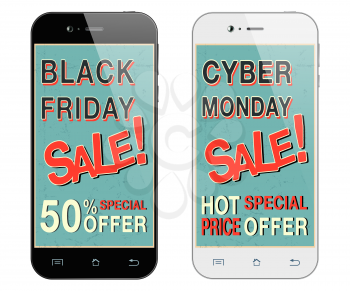 Black friday sale. Cyber monday sale. Black and white smartphones.  Mobile phone isolated. Vector illustration