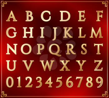 Gold alphabet set. Alphabetic font and numbers. Latin alphabet letters. Red background. Vector letter design illustration.