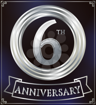 Anniversary silver ring logo number 6. Anniversary card with ribbon. Blue background. Vector illustration.