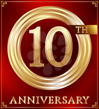 Anniversary gold ring logo number 10. Anniversary card. Red background. Vector illustration.