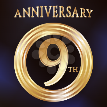 Anniversary gold ring logo number 9. Anniversary card. Blue background. Vector illustration.