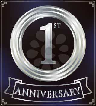 Anniversary silver ring logo number 1. Anniversary card with ribbon. Blue background. Vector illustration.