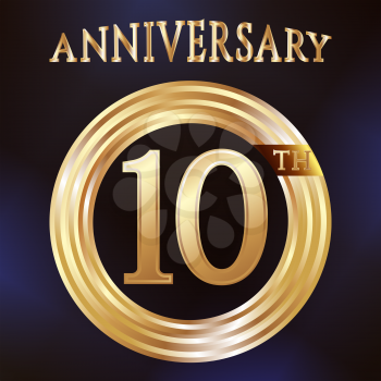 Anniversary gold ring logo number 10. Anniversary card. Blue background. Vector illustration.