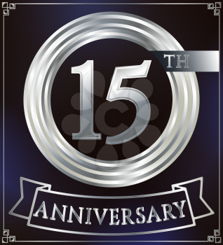 Anniversary silver ring logo number 15. Anniversary card with ribbon. Blue background. Vector illustration.