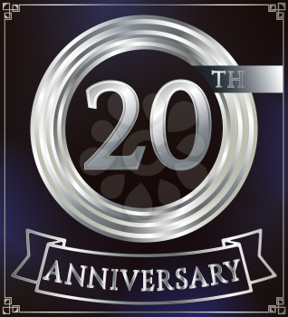 Anniversary silver ring logo number 20. Anniversary card with ribbon. Blue background. Vector illustration.