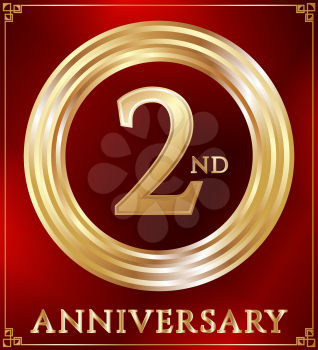 Anniversary gold ring logo number 2. Anniversary card. Red background. Vector illustration.