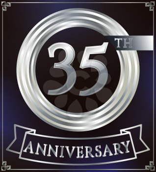 Anniversary silver ring logo number 35. Anniversary card with ribbon. Blue background. Vector illustration.