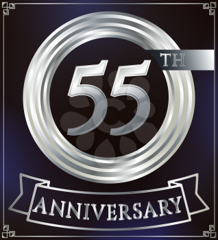 Anniversary silver ring logo number 55. Anniversary card with ribbon. Blue background. Vector illustration.