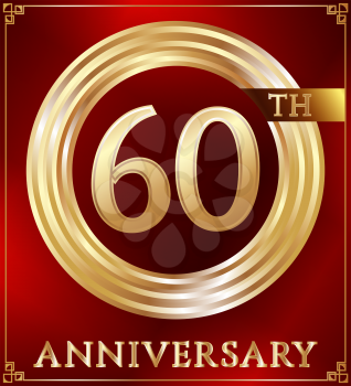 Anniversary gold ring logo number 60. Anniversary card. Red background. Vector illustration.