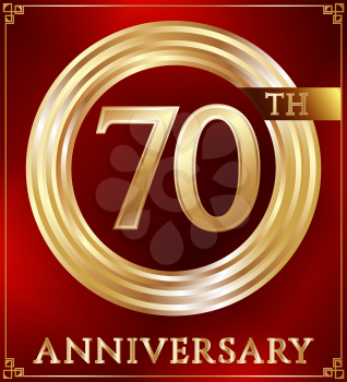Anniversary gold ring logo number 70. Anniversary card. Red background. Vector illustration.